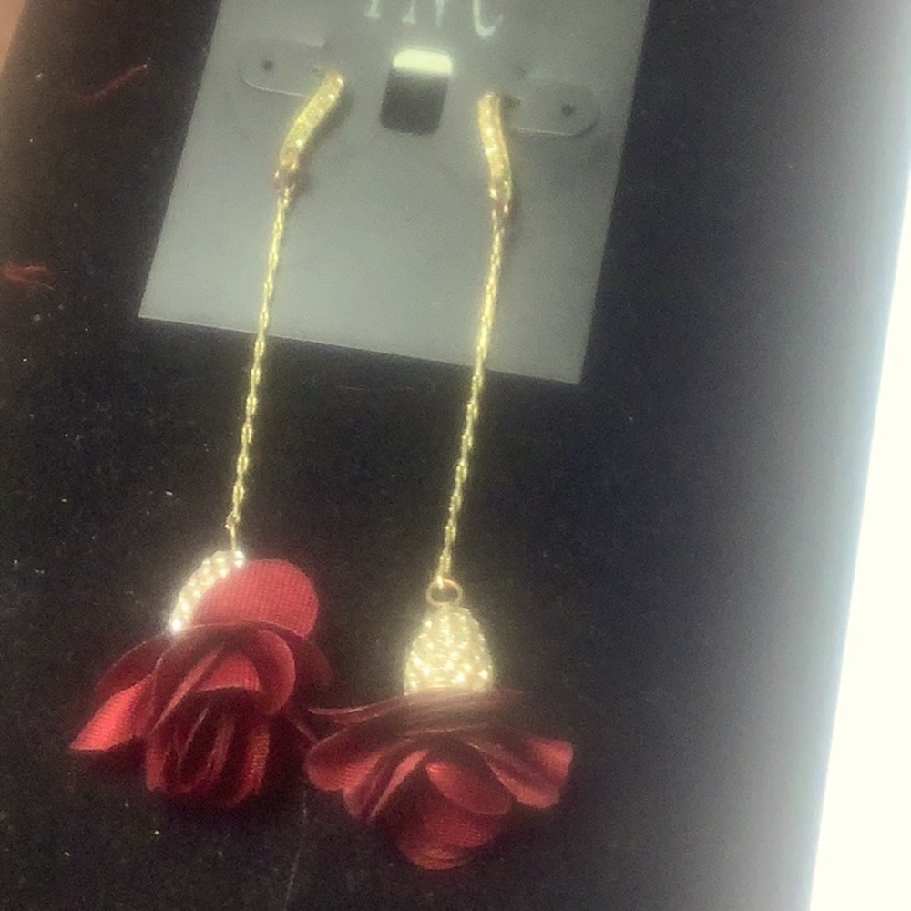 INC scarlet red rhinestone long drop dangling rose earrings